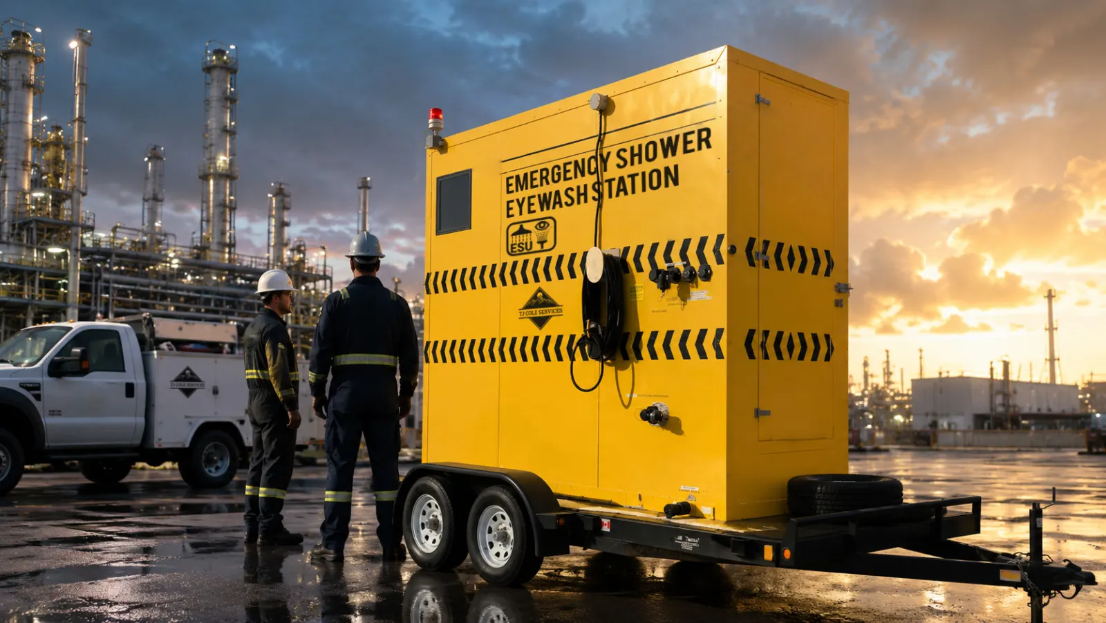 Emergency shower unit at an industrial facility