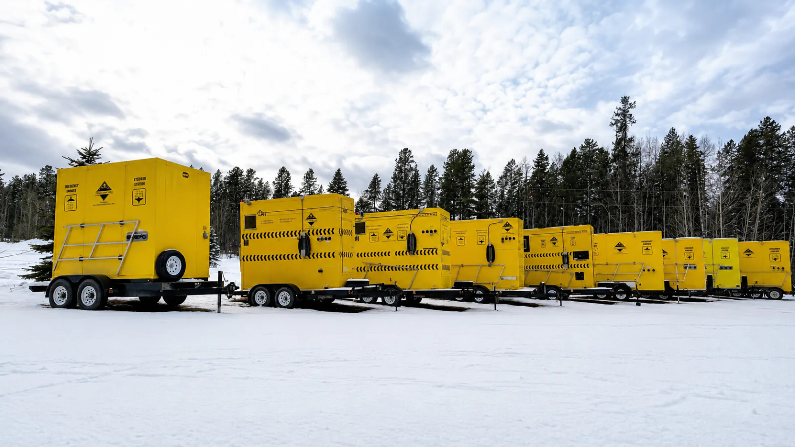 A row of tandem-axle emergency shower and eyewash trailers from the TJ Cole rental fleet, staged in winter