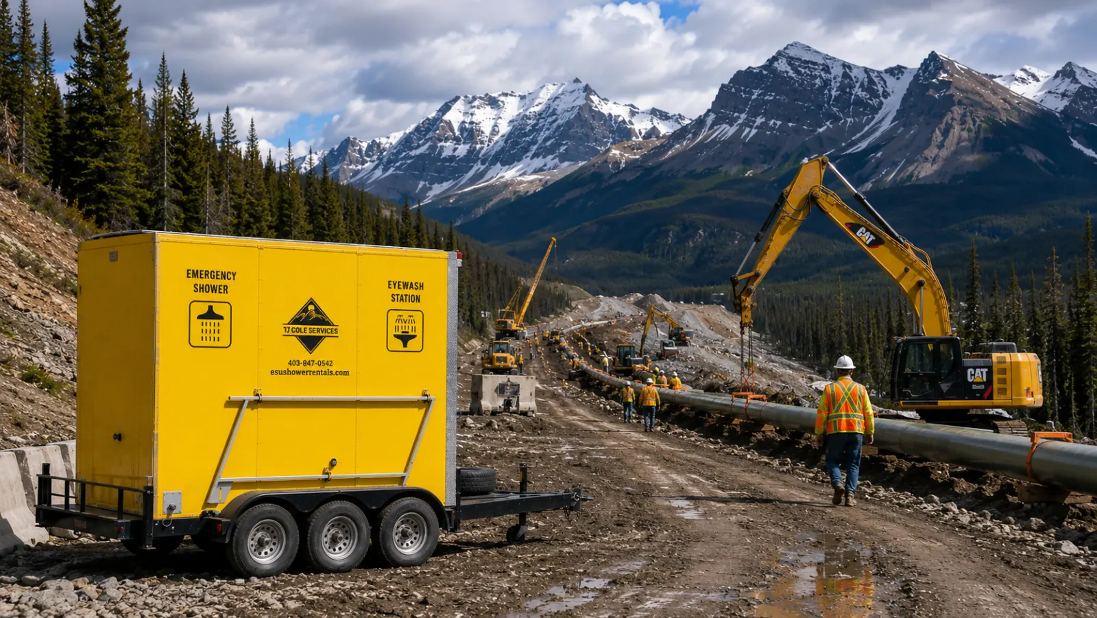 Emergency shower trailer beside a pipeline construction site in the Rockies