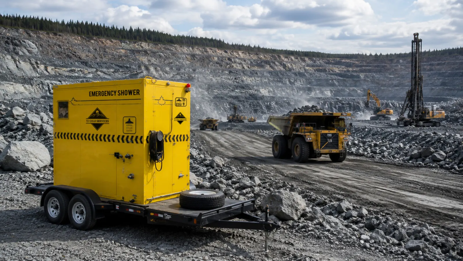 Decontamination shower trailer at an open-pit mining operation