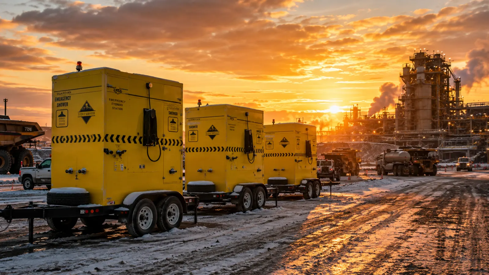 Emergency shower trailer at an oil sands site at sunrise