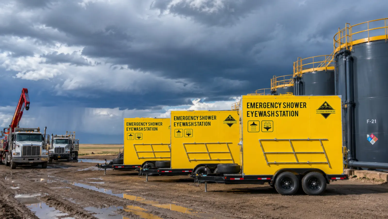 Tandem-axle emergency shower and eyewash trailers staged at an industrial site